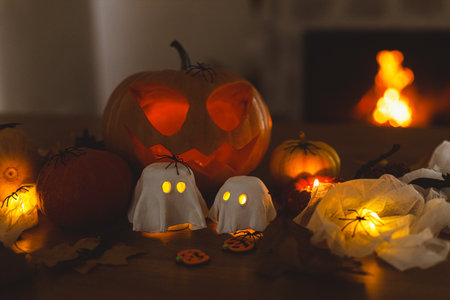 Happy Halloween! Glowing Jack o lantern, glowing ghosts, pumpkin and spiders on table in evening. Spooky atmospheric halloween decorations, space for textの写真素材