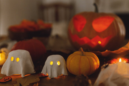 Happy Halloween! Cute glowing ghosts, Jack o lantern pumpkin and spiders on table in living room. Spooky atmospheric halloween decorations, space for text.の写真素材
