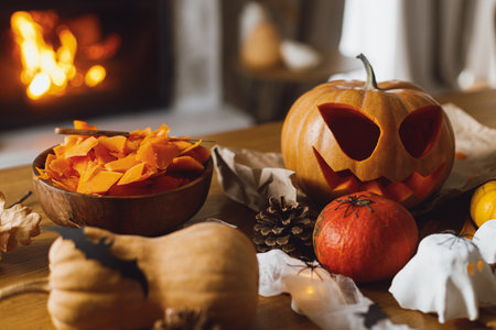 Carving Jack o lantern pumpkin, glowing ghosts and spiders on table in living room. Spooky atmospheric halloween decorations, space for text. Happy Halloween!の写真素材
