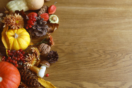 Thanksgiving background. Pumpkins, fall leaves and flowers, berries and pine cones on wooden background with space for text. Autumn banner. Fall harvestの写真素材