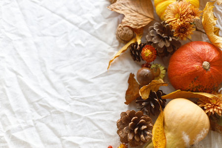Thanksgiving background. Pumpkins, fall leaves and flowers, berries and pine cones on linen cloth, flat lay with space for text. Autumn banner. Fall harvestの写真素材