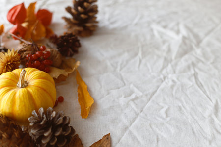 Thanksgiving background. Pumpkins, fall leaves and flowers, berries and pine cones on linen cloth, flat lay with space for text. Autumn banner. Fall harvestの写真素材