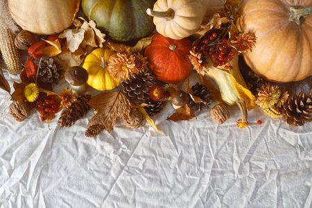 Thanksgiving background. Pumpkins, fall leaves and flowers, berries and pine cones on linen cloth, flat lay with space for text. Autumn banner. Fall harvestの写真素材