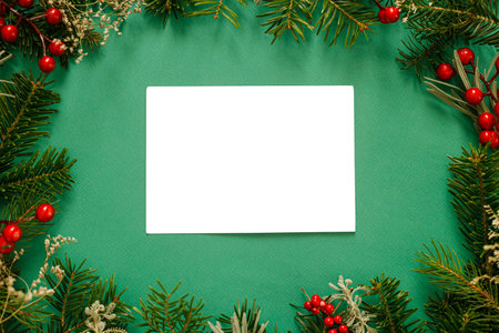 Christmas card flat lay. Modern greeting card mock up with fir branches, red berries on green background. Empty postcard template, space for text. Merry Christmasの写真素材