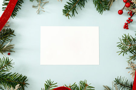 Christmas card mock up. Empty greeting card flat lay with fir branches and red berries on blue background. Merry Christmas. Season greetings templateの写真素材