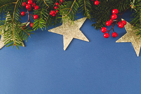 Stylish Christmas border flat lay. Green fir branches, red berries and glitter stars on blue background. Modern christmas banner with space for text. Season's greeting cardの写真素材