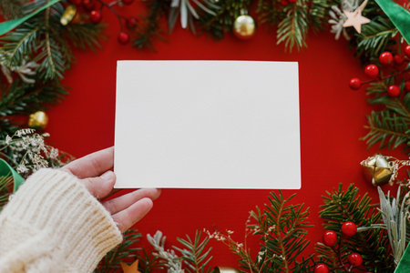 Christmas card mock up. Hand holding empty greeting card on red background with fir branches, red berries and golden ornaments. Merry Christmas. Season greeting postcard templateの写真素材