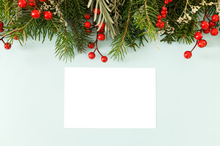 Christmas card flat lay. Modern greeting card mock up with fir branches, red berries on blue background. Empty postcard template, space for text. Merry Christmasの写真素材