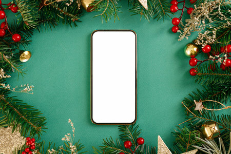 Christmas phone mock up. Smartphone with empty screen flat lay with fir branches, red berries and golden ornaments on blue background. Space for text. Christmas advertising, app templateの写真素材