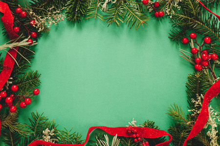 Stylish Christmas frame flat lay. Green fir branches, red berries, ribbon on green background. Modern christmas frame with space for text. Season's greeting cardの写真素材