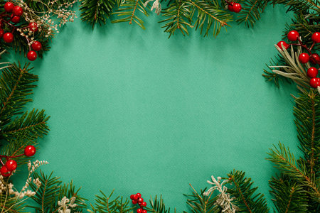 Christmas flat lay. Green fir branches, red berries on green background. Merry Christmas. Stylish christmas frame with space for text. Xmas backgroundの写真素材