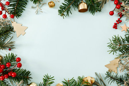 Christmas flat lay. Green fir branches, red berries and golden ornaments on light blue background. Merry Christmas. Stylish christmas frame with space for text. Xmas backgroundの写真素材