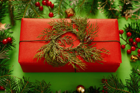 Merry Christmas! Stylish Christmas gift with cedar wreath and green fir branches, red berries and gold ornaments on gren background. Xmas background. Season's greetingsの写真素材
