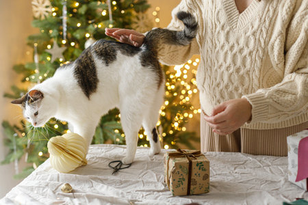 Cute cat helping woman in cozy sweater wrapping christmas gift box on table with modern ornaments on background of decorated stylish christmas tree with lights. Merry Christmas and Happy Holidaysの写真素材