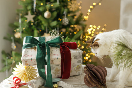 Cute cat sitting at stylish christmas gifts on table with modern ornaments on background of stylish christmas tree with lights. Merry Christmas! Pets and winter holidaysの写真素材