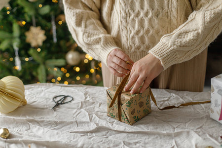 Hands wrapping christmas gift box with festive paper on table with linen cloth on background of decorated stylish christmas tree in modern living room.Merry Christmas and Happy Holidaysの写真素材
