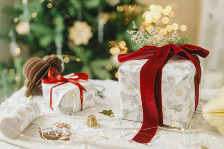 Merry Christmas and Happy Holidays. Stylish christmas gift box with red ribbon, spruce branch and modern ornaments on background of christmas tree lights. Christmas present holiday bannerの写真素材