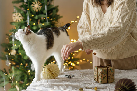 Cute cat helping woman in cozy sweater wrapping christmas gift box on table with modern ornaments on background of decorated stylish christmas tree with lights. Merry Christmas and Happy Holidaysの写真素材