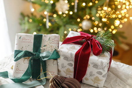 Merry Christmas and Happy Holidays. Stylish christmas gifts with spruce branch and modern ornaments on background of christmas tree golden lights. Christmas present holiday bannerの写真素材