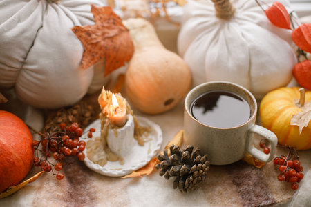Autumn still life. Warm cup of tea, pumpkins, fall leaves, candle and woolen scarf on windowsill. Autumn hygge. Happy Thanksgivingの写真素材