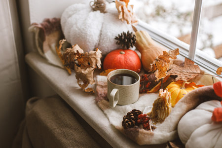 Autumn still life. Warm cup of tea, pumpkins, fall leaves, candle and woolen scarf on windowsill. Autumn hygge. Happy Thanksgivingの写真素材