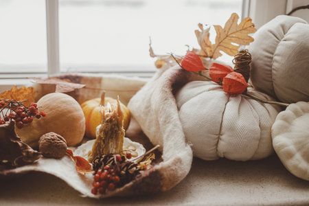 Autumn still life. Pumpkins, fall leaves, candle, nuts and pine cone on woolen scarf on windowsill. Autumn hygge. Happy Thanksgivingの写真素材