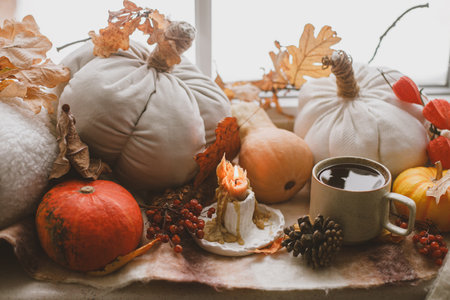 Autumn still life. Warm cup of tea, pumpkins, fall leaves, candle and woolen scarf on windowsill. Autumn hygge. Happy Thanksgivingの写真素材