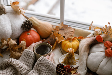 Hello autumn. Hands in sweater holding warm cup of tea and pumpkins, fall leaves and candle on windowsill. Autumn hygge, ugc concept. Happy Thanksgivingの写真素材