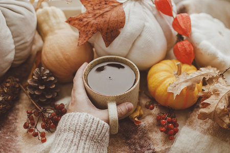 Cozy autumn. Hand in sweater holding warm cup of tea and pumpkins, fall leaves and candle on window sill. Autumn hygge. Happy Thanksgivingの写真素材