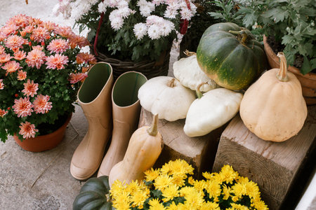 Stylish decoration in fall season of farmhouse entrance. Beautiful autumnal moms flowers, pumpkins, rubber boots and wood. Autumn decor of house entranceの写真素材