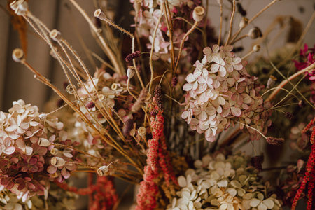 Dry hydrangea, poppy and amaranth in stylish vase close up. Fall decor in modern living room. Thanksgiving and Halloween. Autumn floral arrangementの写真素材