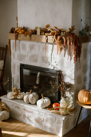 Stylish decoration of fireplace with pumpkins, autumn leaves, nuts, candle on rustic wood in modern farmhouse living room. Autumn decor on fireplace mantel. Thanksgiving and Halloweenの写真素材