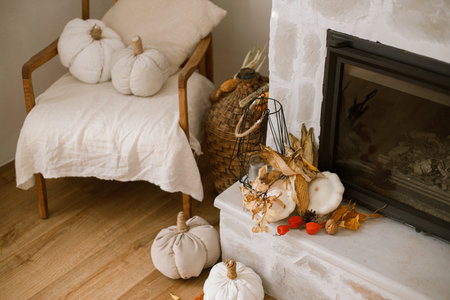 Stylish autumn decor of fireplace in farmhouse  living room. Pumpkins, autumn leaves, pillows at fireside. Fall season decoration. Thanksgiving and Halloweenの写真素材