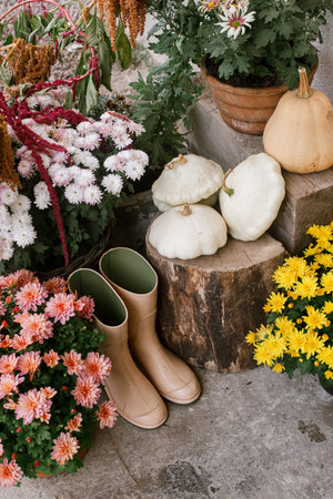 Stylish decoration in fall season of farmhouse entrance. Beautiful autumnal moms flowers, pumpkins, rubber boots and wood. Autumn decor of house entranceの写真素材