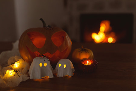 Happy Halloween! Glowing Jack o lantern and glowing ghosts with spiders in dark. Spooky atmospheric halloween decorations, space for text.の写真素材