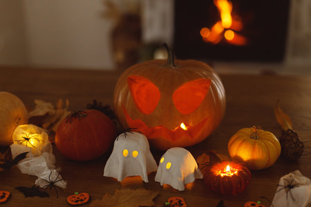 Happy Halloween! Glowing Jack o lantern, glowing ghosts, pumpkin and spiders on table in evening. Spooky atmospheric halloween decorations, space for textの写真素材