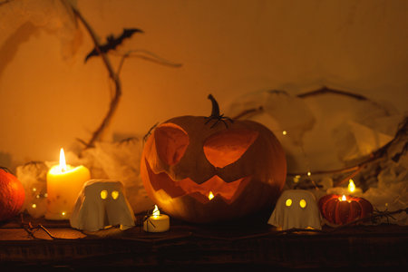 Spooky Jack o lantern pumpkin, glowing ghosts, spiders and bats in evening. Happy Halloween! Atmospheric halloween decor on table, space for text. Trick or treatの写真素材