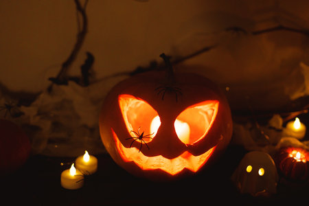 Spooky Jack o lantern pumpkin, glowing ghosts, spiders and bats in dark. Happy Halloween! Atmospheric halloween decor on table, space for text. Trick or treatの写真素材