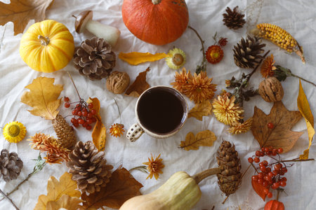 Autumn flat lay. Cup of tea, pumpkins, fall leaves and flowers, berries and pine cones on linen background. Fall composition. Thanksgiving backgroundの写真素材