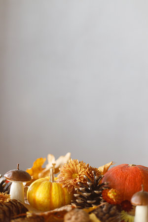 Thanksgiving background. Pumpkins, fall leaves and flowers, berries, mushroom and pine cones on table in sunlight, space for text. Autumn harvest still life. Fall bannerの写真素材