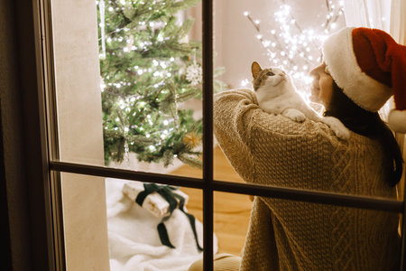 Merry Christmas! Beautiful woman in santa hat in window hugging cute cat on background of festive living room with christmas tree lights. Atmospheric christmas eve at home. Holiday sceneの写真素材