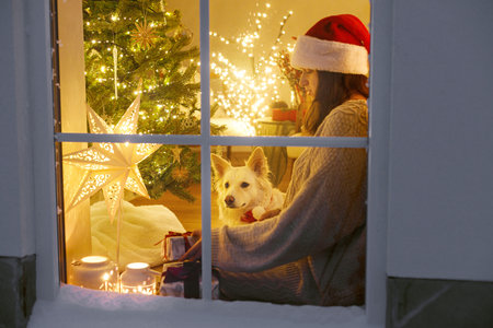 Merry Christmas! Happy woman in cozy sweater and santa hat sitting with cute dog in window in living room with christmas lights and gifts. Atmospheric christmas eve at home. Holiday magical sceneの写真素材