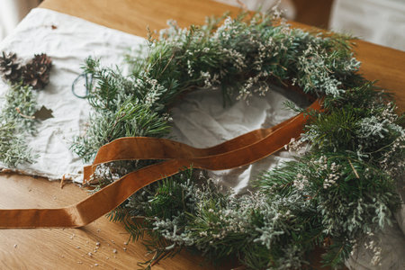 Making stylish Christmas rustic wreath. Wreath with fir and evergreen branches, ribbon, twine, scissors on rustic table in atmospheric festive room. Winter holiday preparationsの写真素材