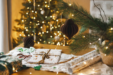 Merry Christmas! Stylish christmas gift, modern paper ornaments and pine branches on table against golden christmas tree lights. Atmospheric christmas eve. Modern wrapped presentの写真素材