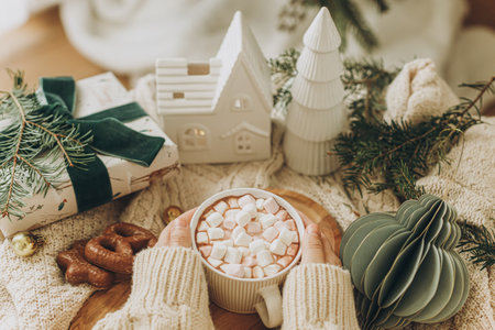 Christmas hygge. Hands holding cup of hot chocolate with marshmallow and cookies, christmas ornaments and gift on cozy knitted sweater. Merry Christmas. Winter moodの写真素材