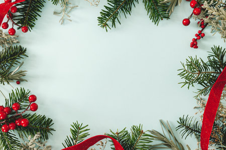 Stylish Christmas frame flat lay. Green fir branches, red berries, ribbon on light blue background. Modern christmas frame with space for text. Season's greeting cardの写真素材