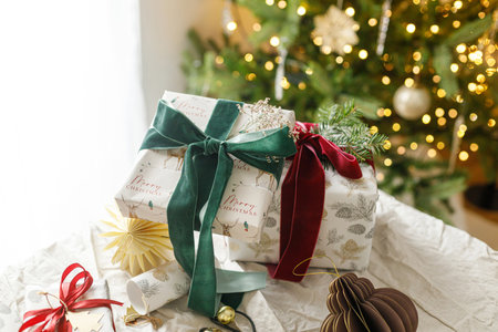 Merry Christmas and Happy Holidays. Stylish christmas gifts with spruce branch and modern ornaments on background of christmas tree golden lights. Christmas present holiday bannerの写真素材