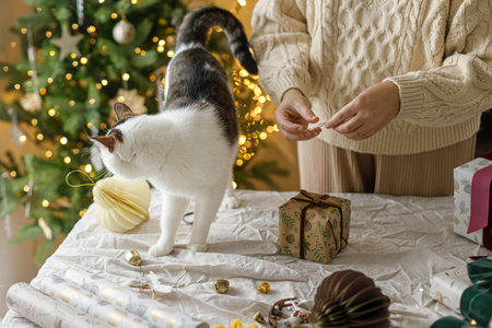 Wrapping stylish christmas gift, winter holidays preparation. Hands in cozy sweater decorating gift box and and cute cat helping on table on background of decorated christmas tree with lightsの写真素材