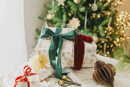 Stylish christmas gifts with spruce branch and modern ornaments on background of decorated christmas tree with golden lights. Merry Christmas and Happy Holidays. Modern Christmas presentの写真素材