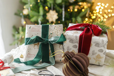 Stylish christmas gifts with spruce branch and modern ornaments on background of decorated christmas tree with golden lights. Merry Christmas and Happy Holidays. Modern Christmas presentの写真素材